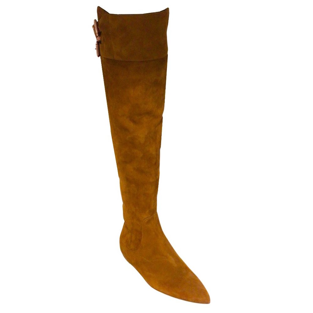 GABRIELA HEARST COGNAC BROWN OVER-THE-KNEE FLAT SUEDE LEATHER BOOTS